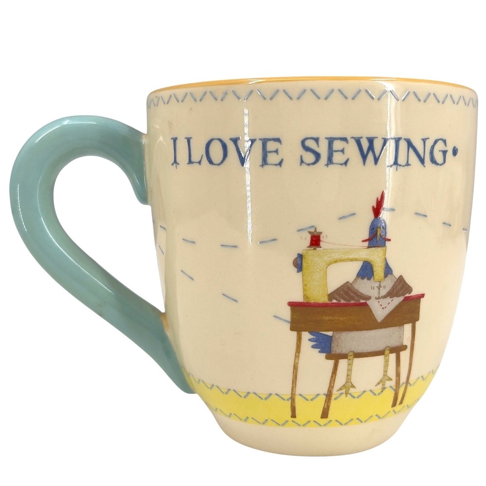 Debbie Mumm Jo-Ann Fabrics I Love Sewing Mug Cream Teal Chicken Folk Art Ceramic